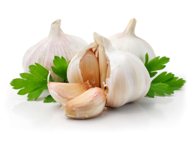 ripe garlic fruits with green parsley leaves