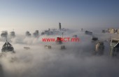 Heavy fog rolls by early in the morning near the Dubai Marina