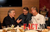 U.S. actor Robert De Niro talks with British actor Irons and Japanese chef Matsuhisa during the official opening of Nobu restaurant in Budapest